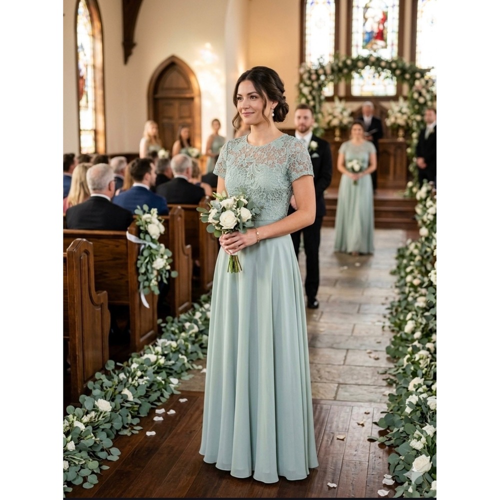 NWT Agave Green Lace Chiffon A-Line Formal Gown Keyhole Back. See Measurements.